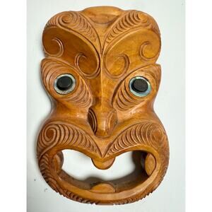 Vintage Hand-Carved Māori Kauri Wood Koruru Gable Mask w/ Pāua Shell Eyes